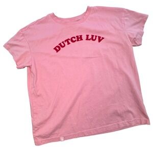 Dutch Bros Coffee Dutch Luv Pink Graphic T-Shirt Womens Small Short Sleeve prep